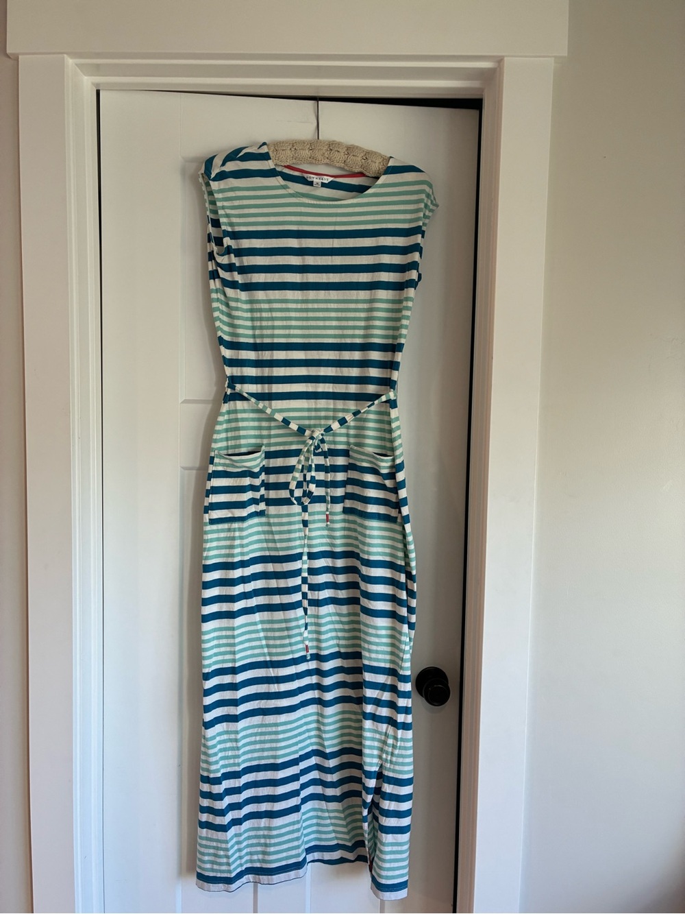 DownEast Striped Blue & Mint Maxi Dress with cap sleeve and Tie Waist Med cotton